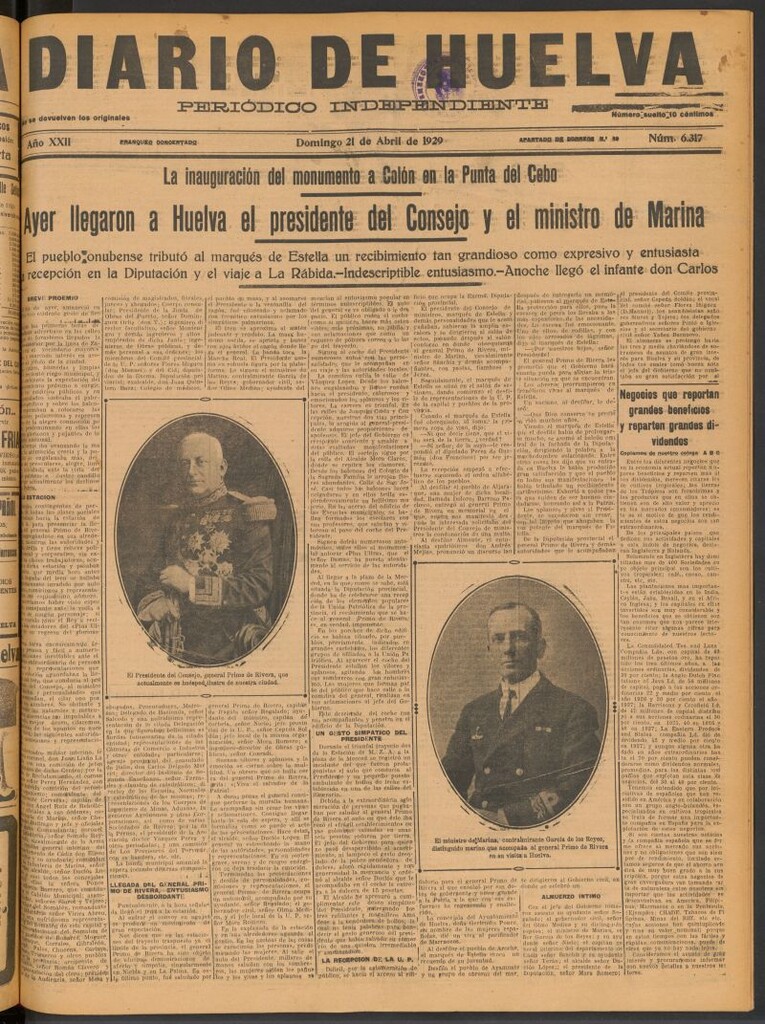 Miniatura de Diario de Huelva : periódico independiente del 21 de abril de 1929