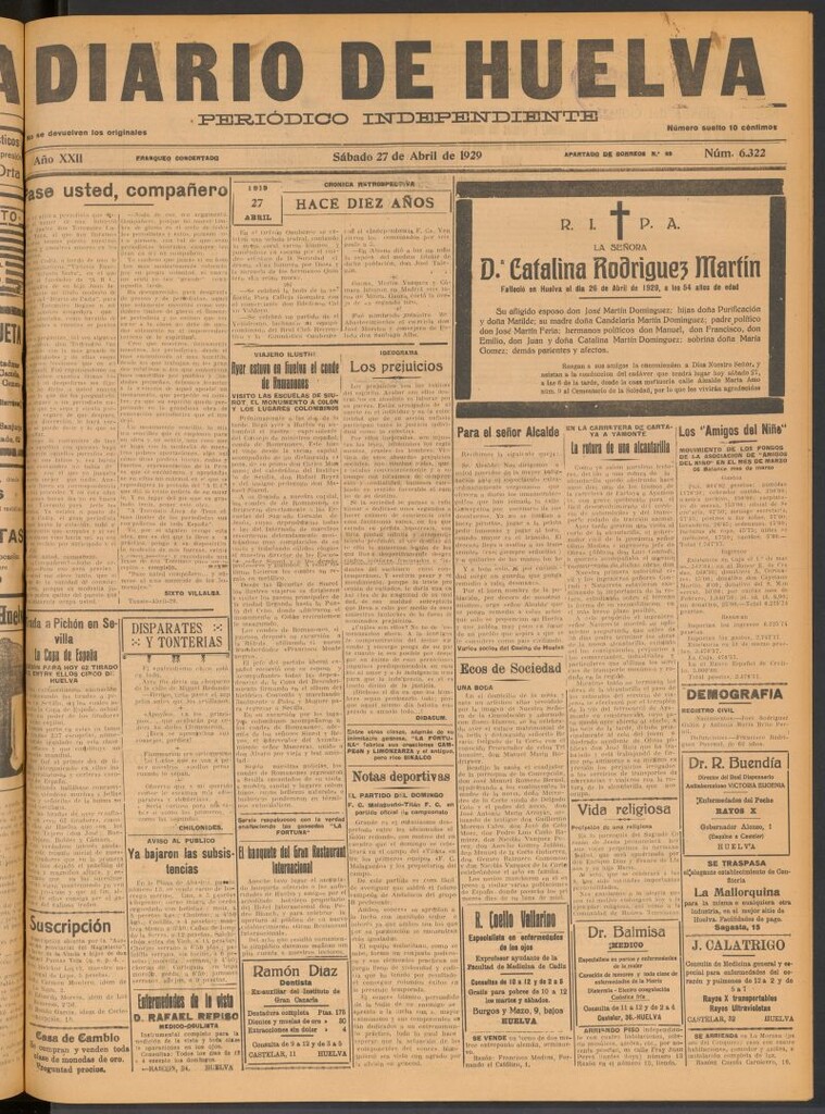 Miniatura de Diario de Huelva : periódico independiente del 27 de abril de 1929