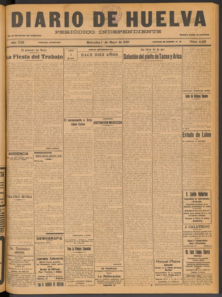 Miniatura de Diario de Huelva : periódico independiente del 1 de mayo de 1929