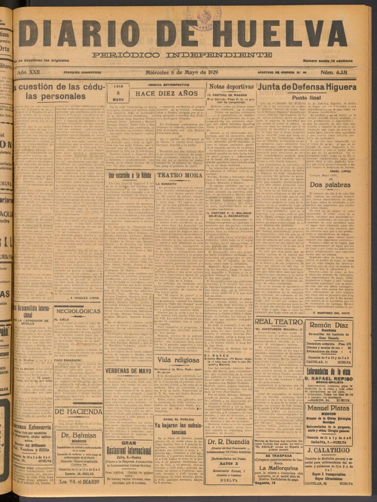 Miniatura de Diario de Huelva : periódico independiente del 8 de mayo de 1929