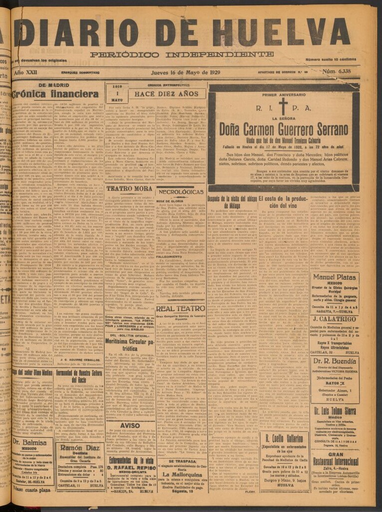 Miniatura de Diario de Huelva : periódico independiente del 16 de mayo de 1929