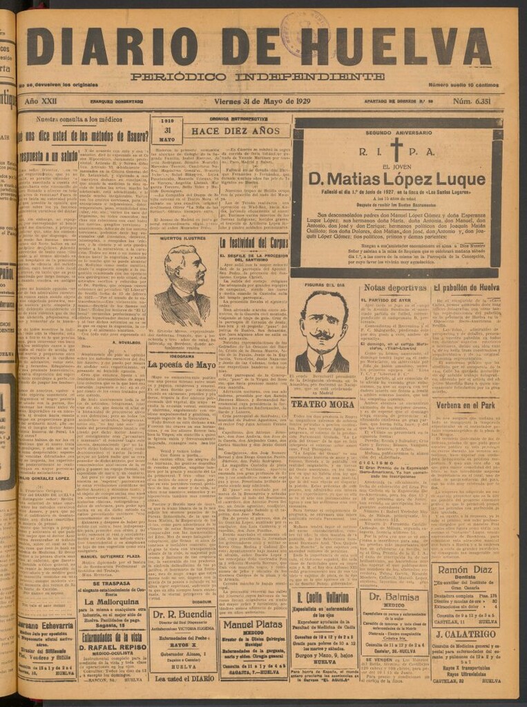 Miniatura de Diario de Huelva : periódico independiente del 31 de mayo de 1929