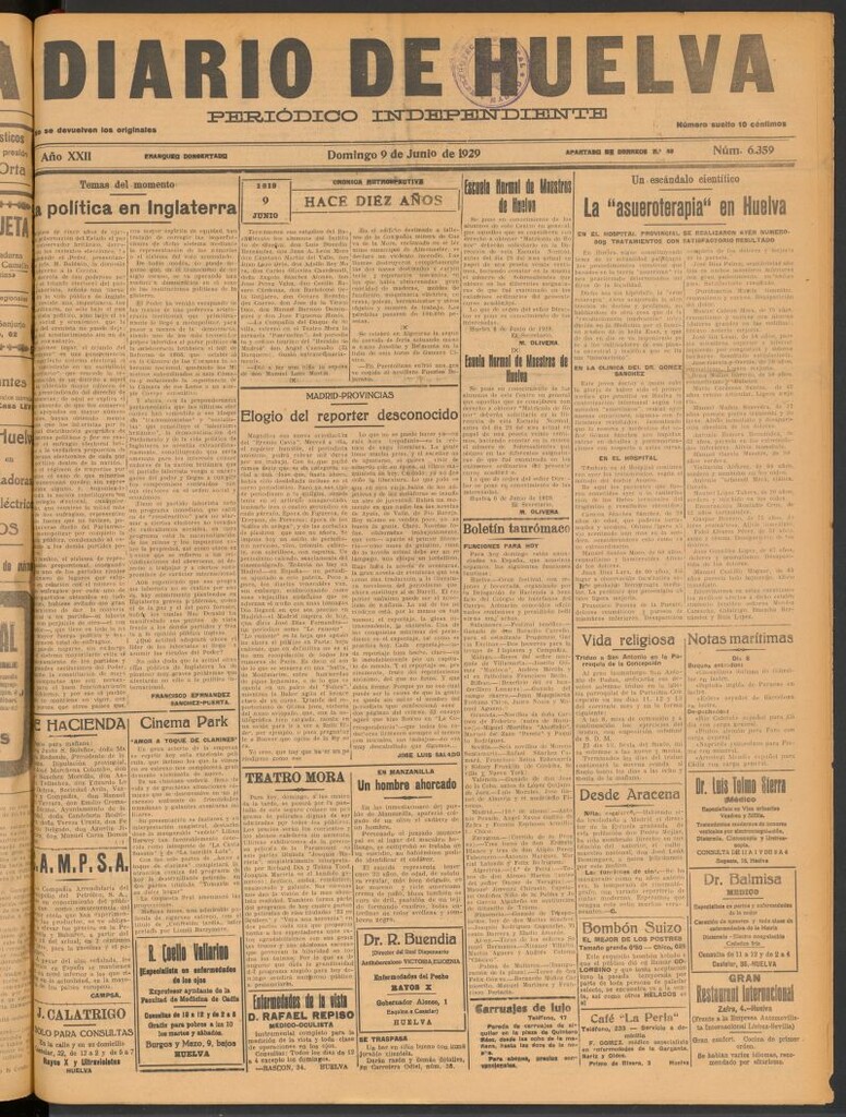 Miniatura de Diario de Huelva : periódico independiente del 9 de junio de 1929