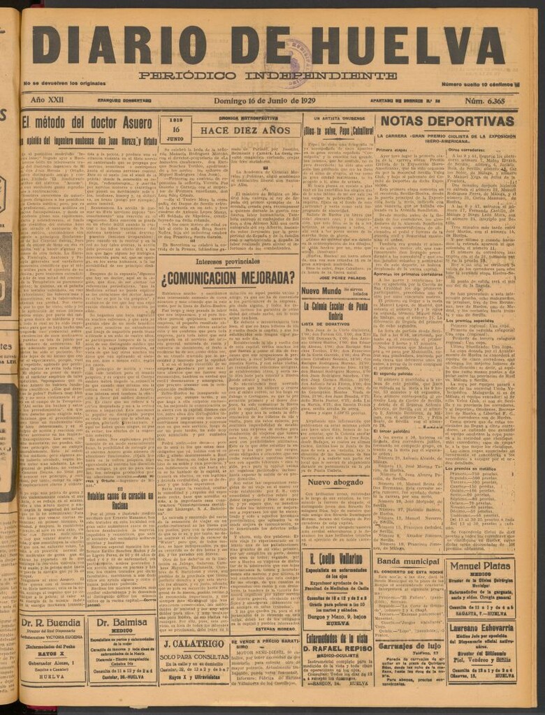 Miniatura de Diario de Huelva : periódico independiente del 16 de junio de 1929
