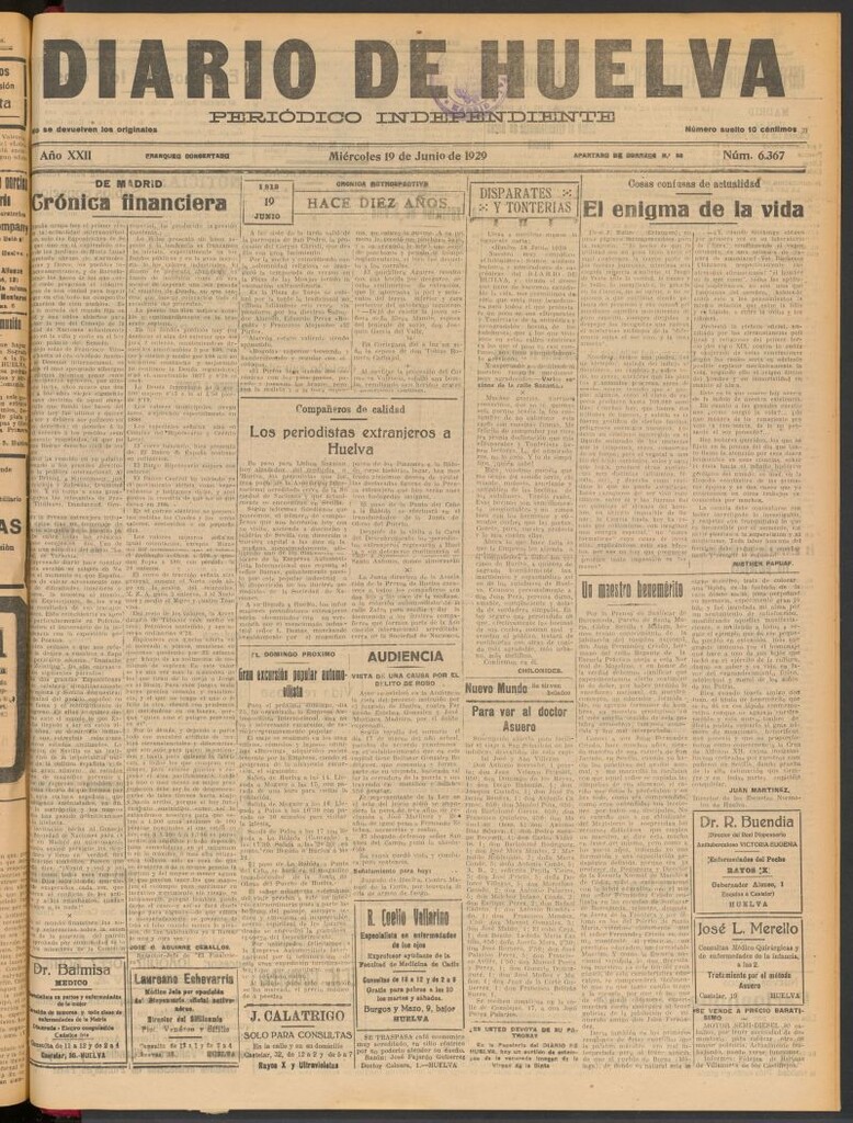 Miniatura de Diario de Huelva : periódico independiente del 19 de junio de 1929