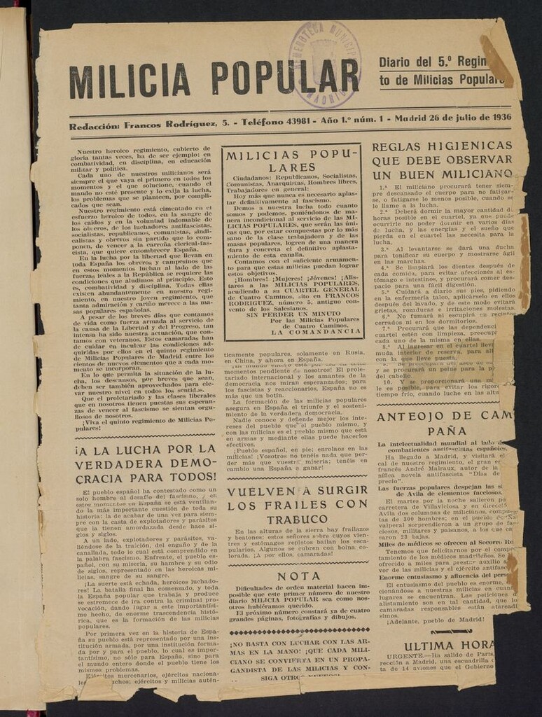 Miniatura de Milicia Popular: diario del 5º Regimiento de Milicias Populares del 26 de julio de 1936
