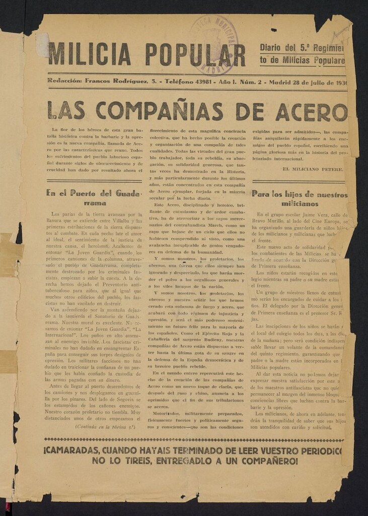 Miniatura de Milicia Popular: diario del 5º Regimiento de Milicias Populares del 28 de julio de 1936