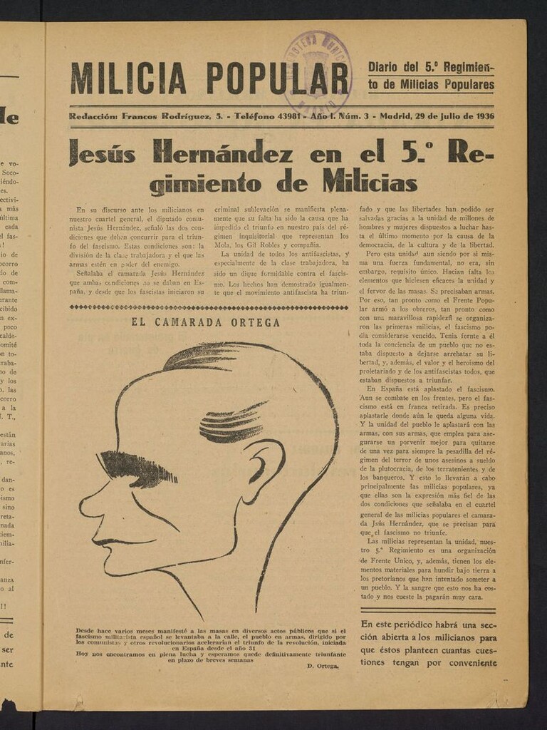 Miniatura de Milicia Popular: diario del 5º Regimiento de Milicias Populares del 29 de julio de 1936