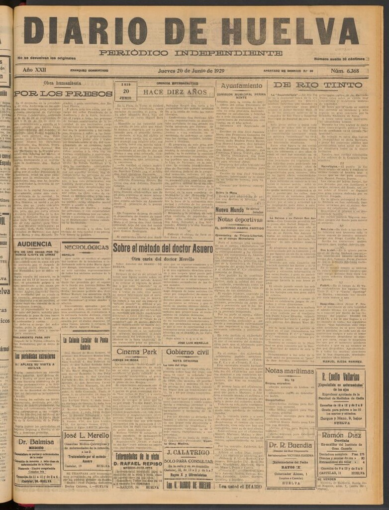 Miniatura de Diario de Huelva : periódico independiente del 20 de junio de 1929