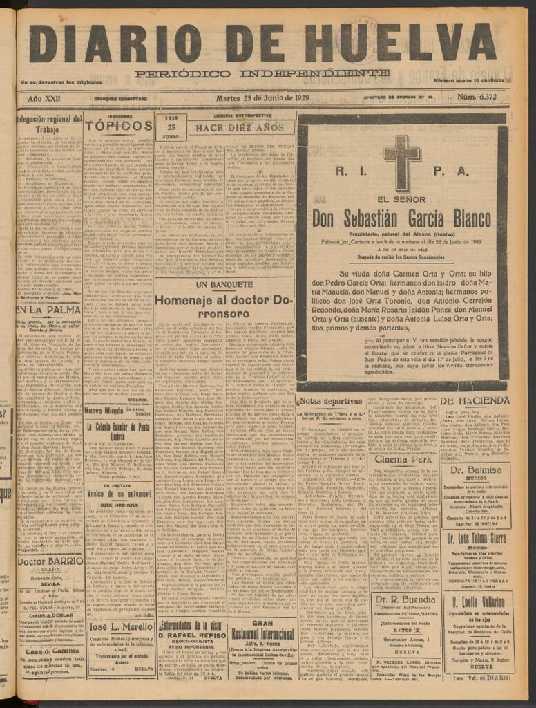 Miniatura de Diario de Huelva : periódico independiente del 25 de junio de 1929