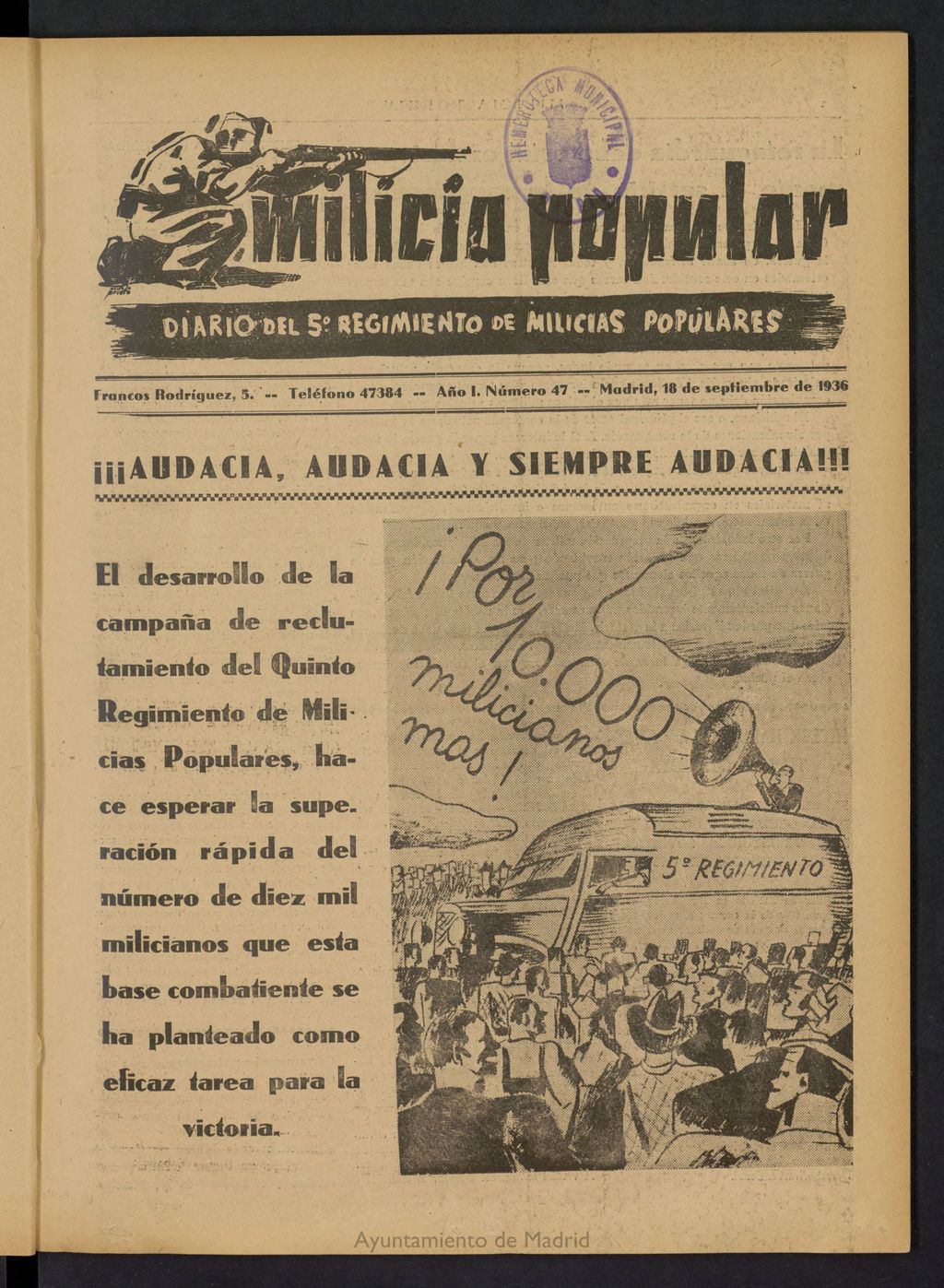 Miniatura de Milicia Popular: diario del 5º Regimiento de Milicias Populares del 18 de septiembre de 1936