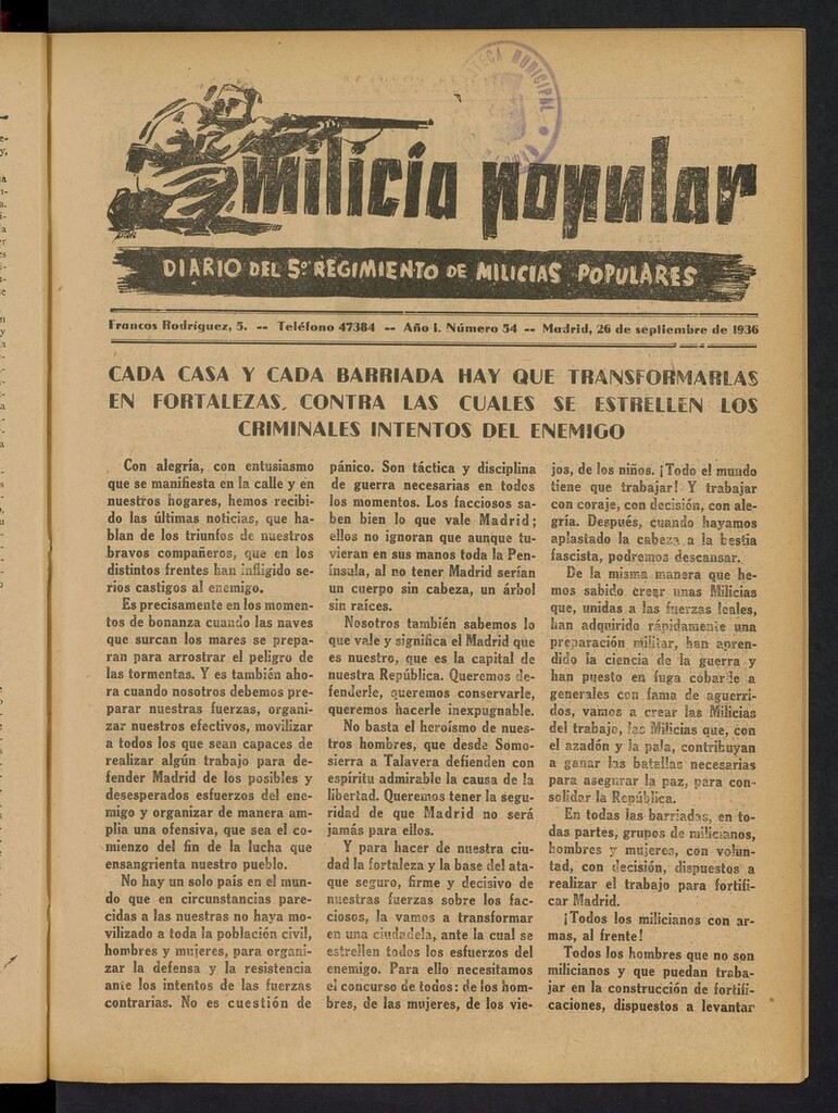 Miniatura de Milicia Popular: diario del 5º Regimiento de Milicias Populares del 26 de septiembre de 1936