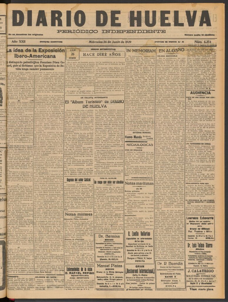 Miniatura de Diario de Huelva : periódico independiente del 26 de junio de 1929