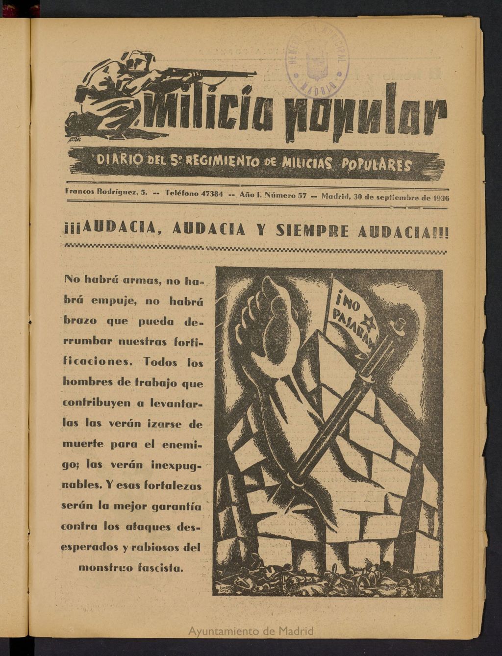 Miniatura de Milicia Popular: diario del 5º Regimiento de Milicias Populares del 30 de septiembre de 1936