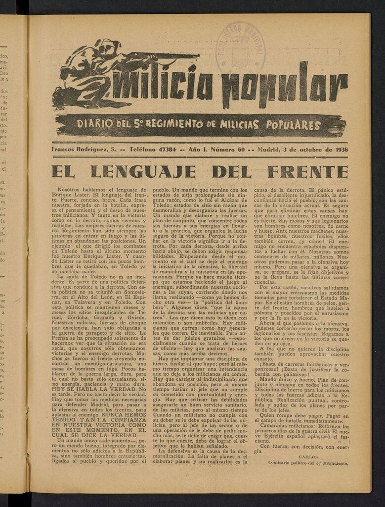 Miniatura de Milicia Popular: diario del 5º Regimiento de Milicias Populares del 3 de octubre de 1936
