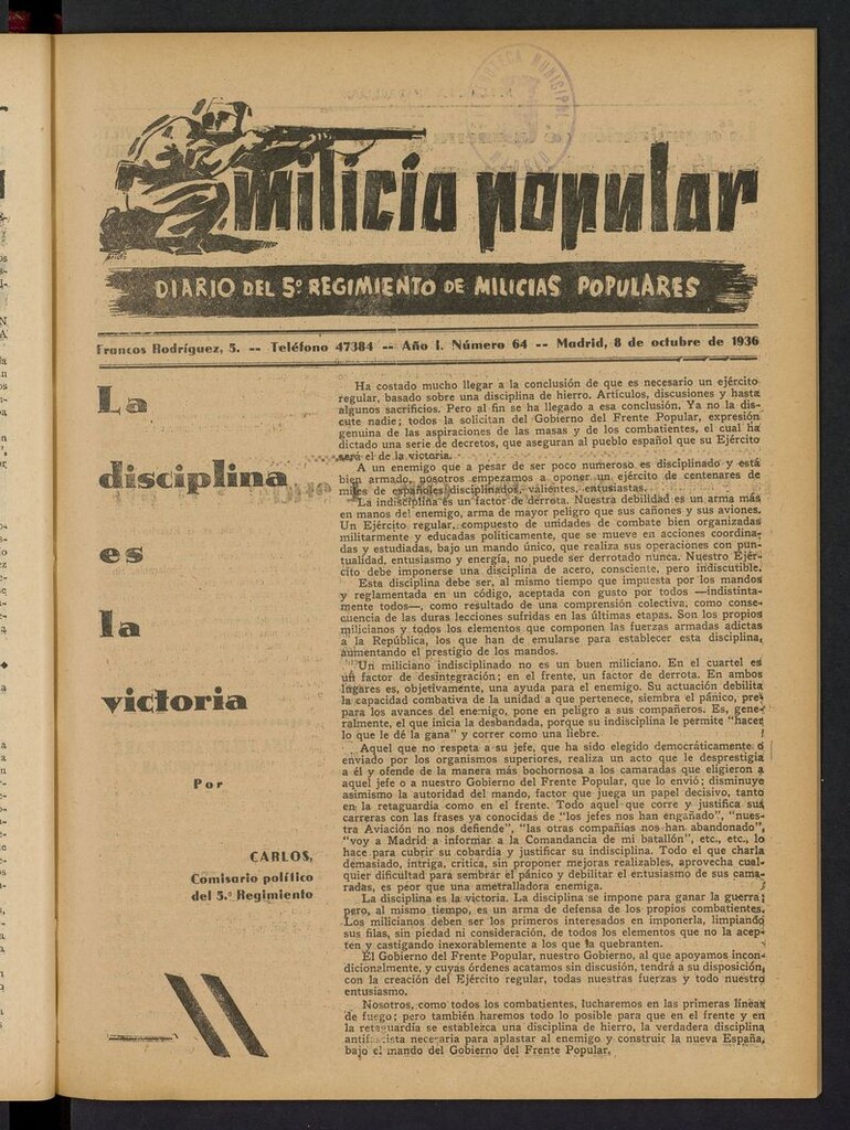 Miniatura de Milicia Popular: diario del 5º Regimiento de Milicias Populares del 8 de octubre de 1936