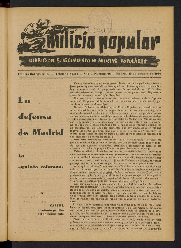 Miniatura de Milicia Popular: diario del 5º Regimiento de Milicias Populares del 10 de octubre de 1936