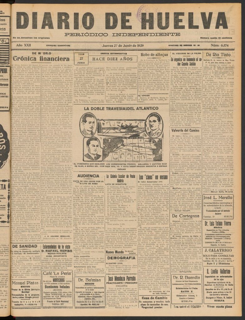 Miniatura de Diario de Huelva : periódico independiente del 27 de junio de 1929