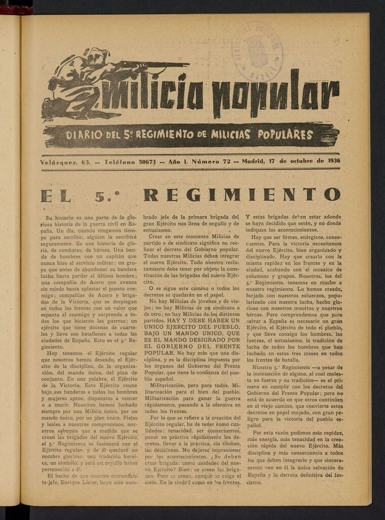 Miniatura de Milicia Popular: diario del 5º Regimiento de Milicias Populares del 17 de octubre de 1936