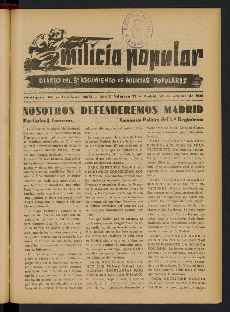 Miniatura de Milicia Popular: diario del 5º Regimiento de Milicias Populares del 21 de octubre de 1936