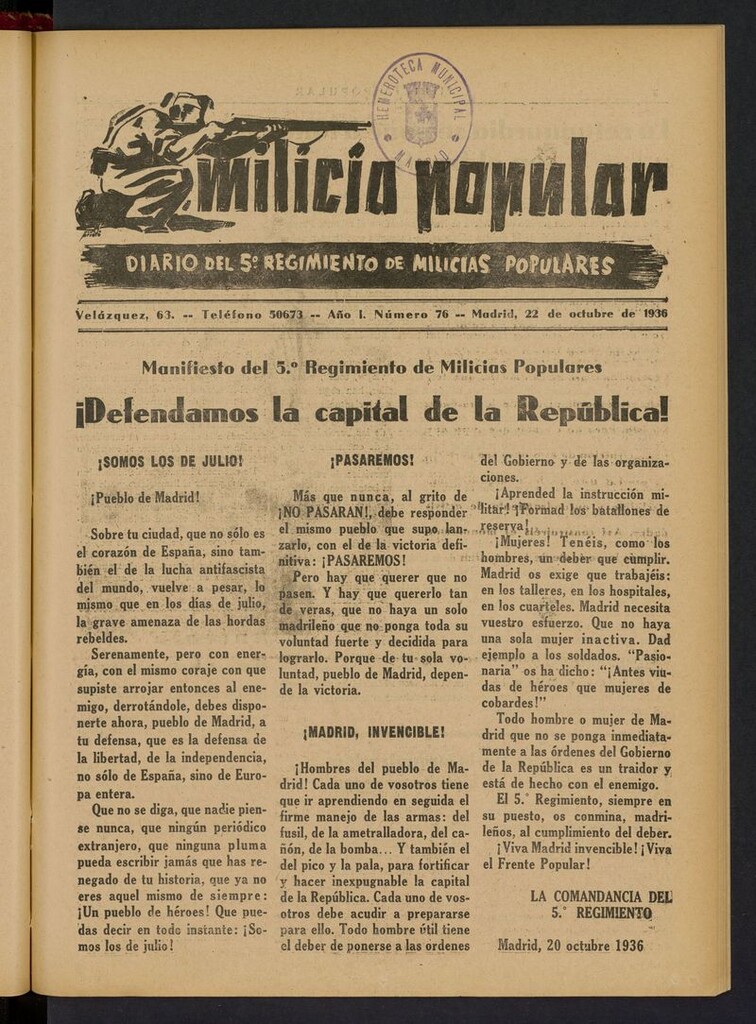 Miniatura de Milicia Popular: diario del 5º Regimiento de Milicias Populares del 22 de octubre de 1936