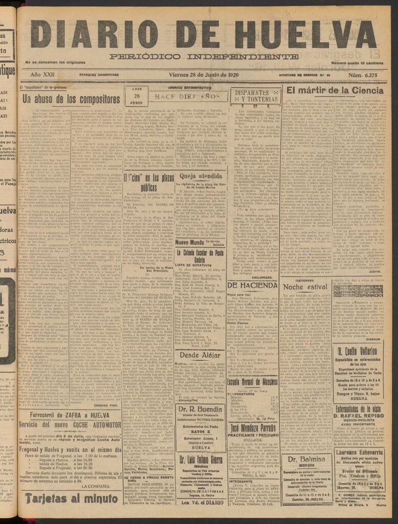 Miniatura de Diario de Huelva : periódico independiente del 28 de junio de 1929
