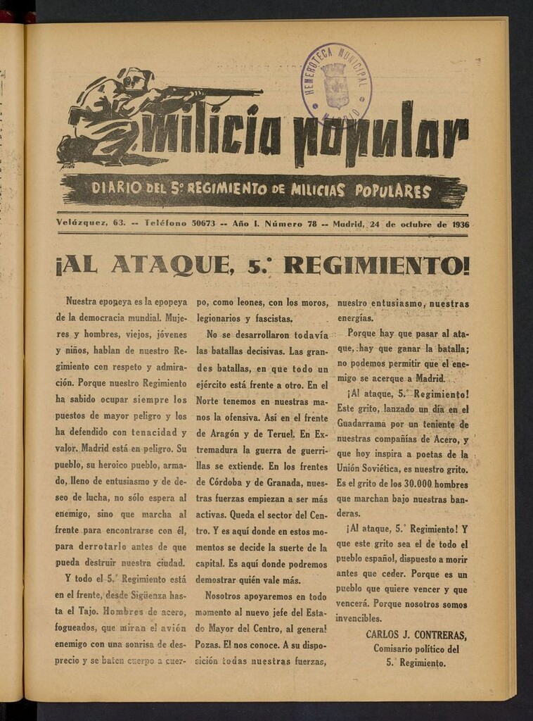 Miniatura de Milicia Popular: diario del 5º Regimiento de Milicias Populares del 24 de octubre de 1936