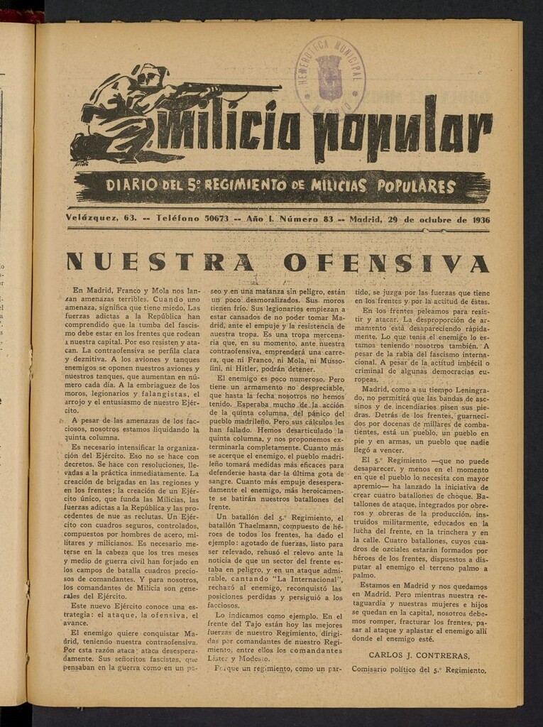 Miniatura de Milicia Popular: diario del 5º Regimiento de Milicias Populares del 29 de octubre de 1936