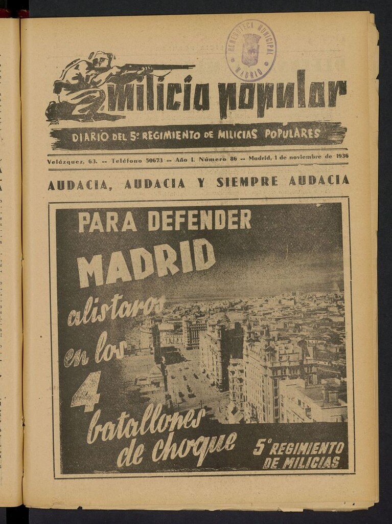 Miniatura de Milicia Popular: diario del 5º Regimiento de Milicias Populares del 1 de noviembre de 1936