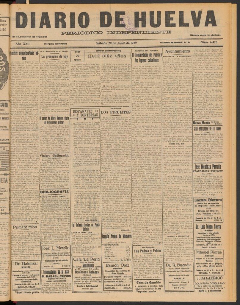 Miniatura de Diario de Huelva : periódico independiente del 29 de junio de 1929