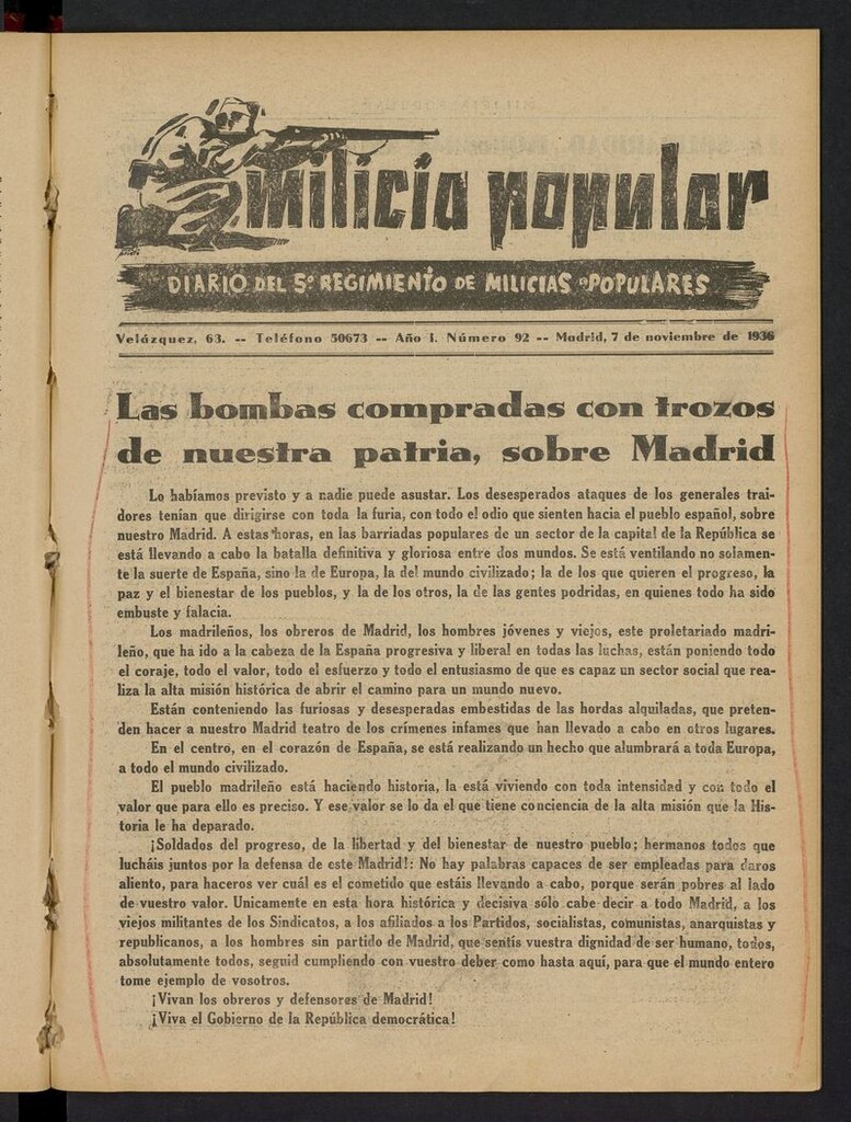 Miniatura de Milicia Popular: diario del 5º Regimiento de Milicias Populares del 7 de noviembre de 1936