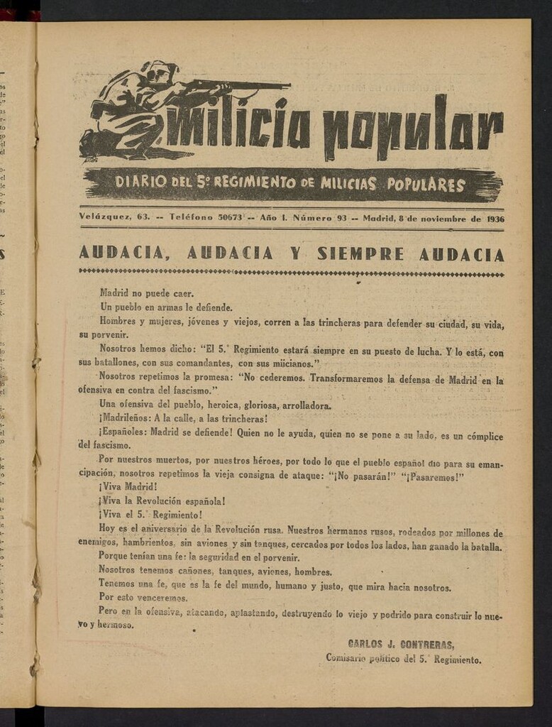 Miniatura de Milicia Popular: diario del 5º Regimiento de Milicias Populares del 8 de noviembre de 1936