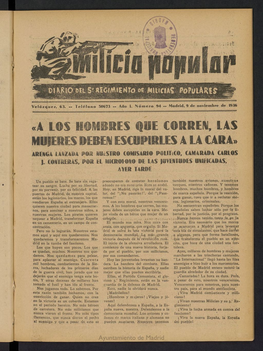 Miniatura de Milicia Popular: diario del 5º Regimiento de Milicias Populares del 9 de noviembre de 1936