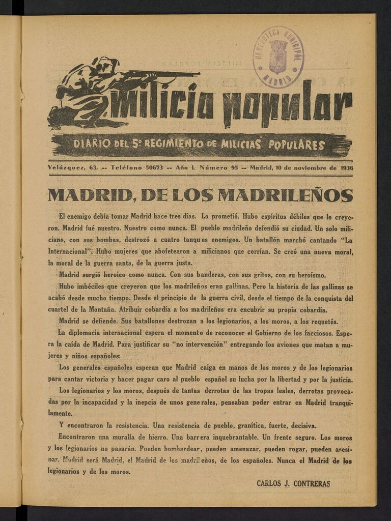 Miniatura de Milicia Popular: diario del 5º Regimiento de Milicias Populares del 10 de noviembre de 1936