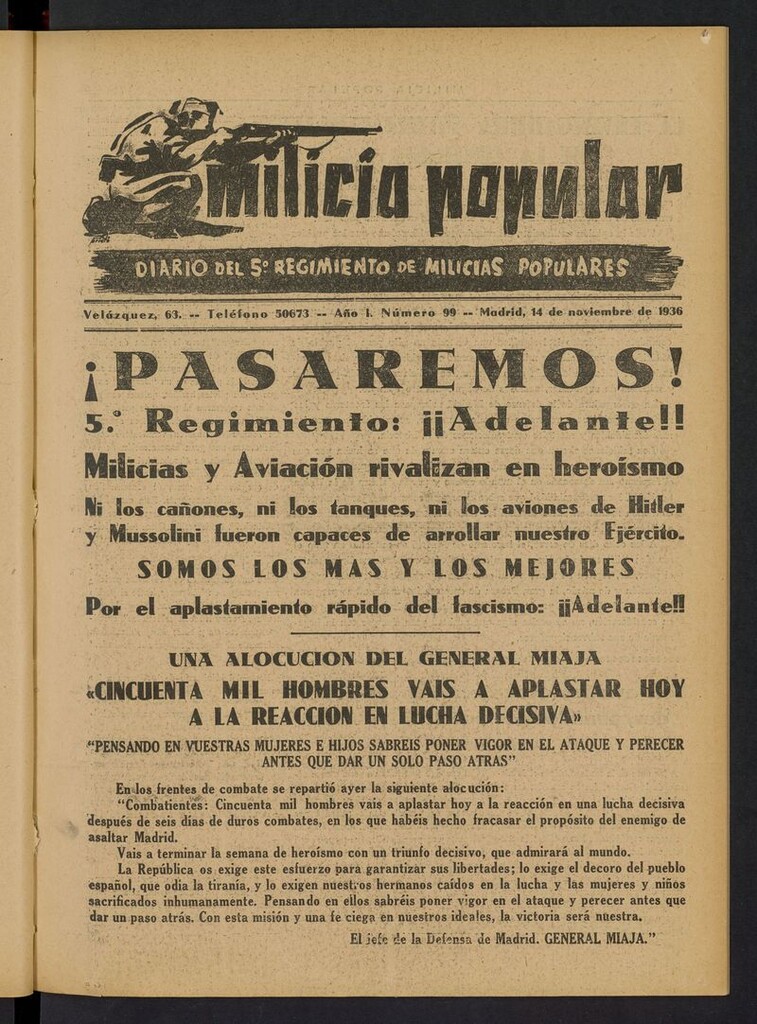 Miniatura de Milicia Popular: diario del 5º Regimiento de Milicias Populares del 14 de noviembre de 1936