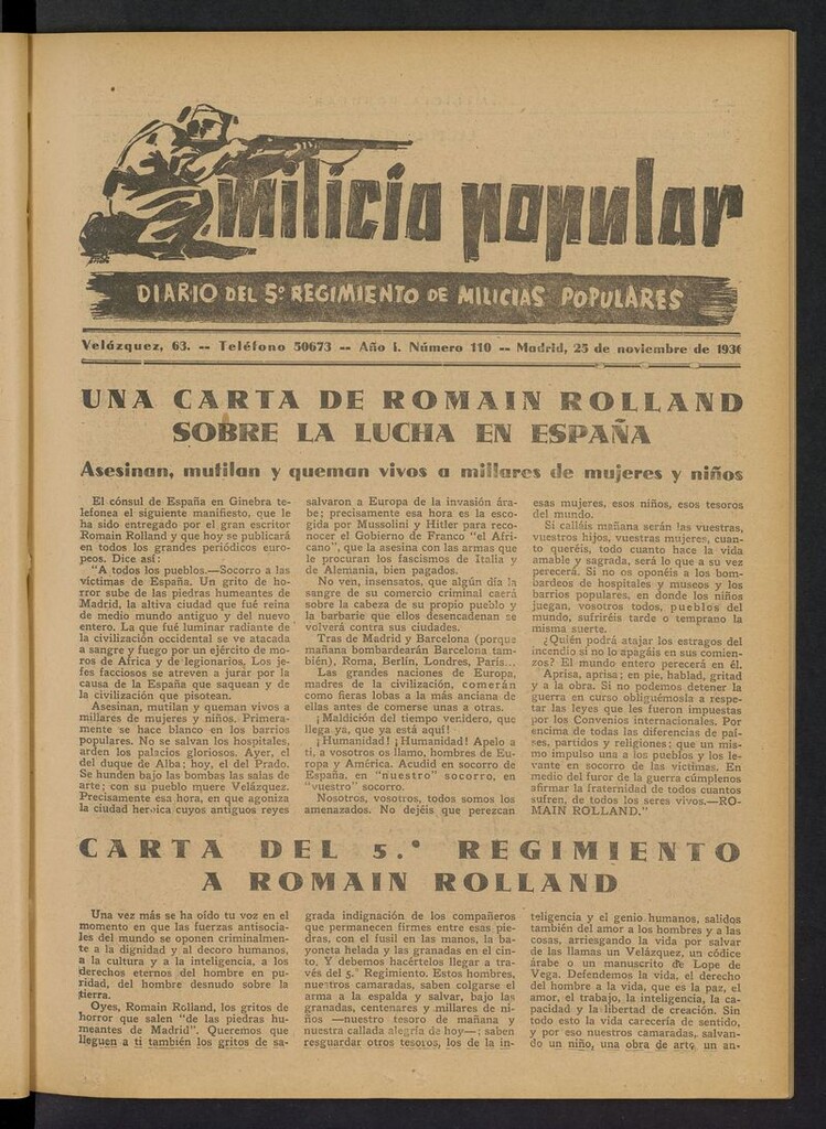 Miniatura de Milicia Popular: diario del 5º Regimiento de Milicias Populares del 25 de noviembre de 1936