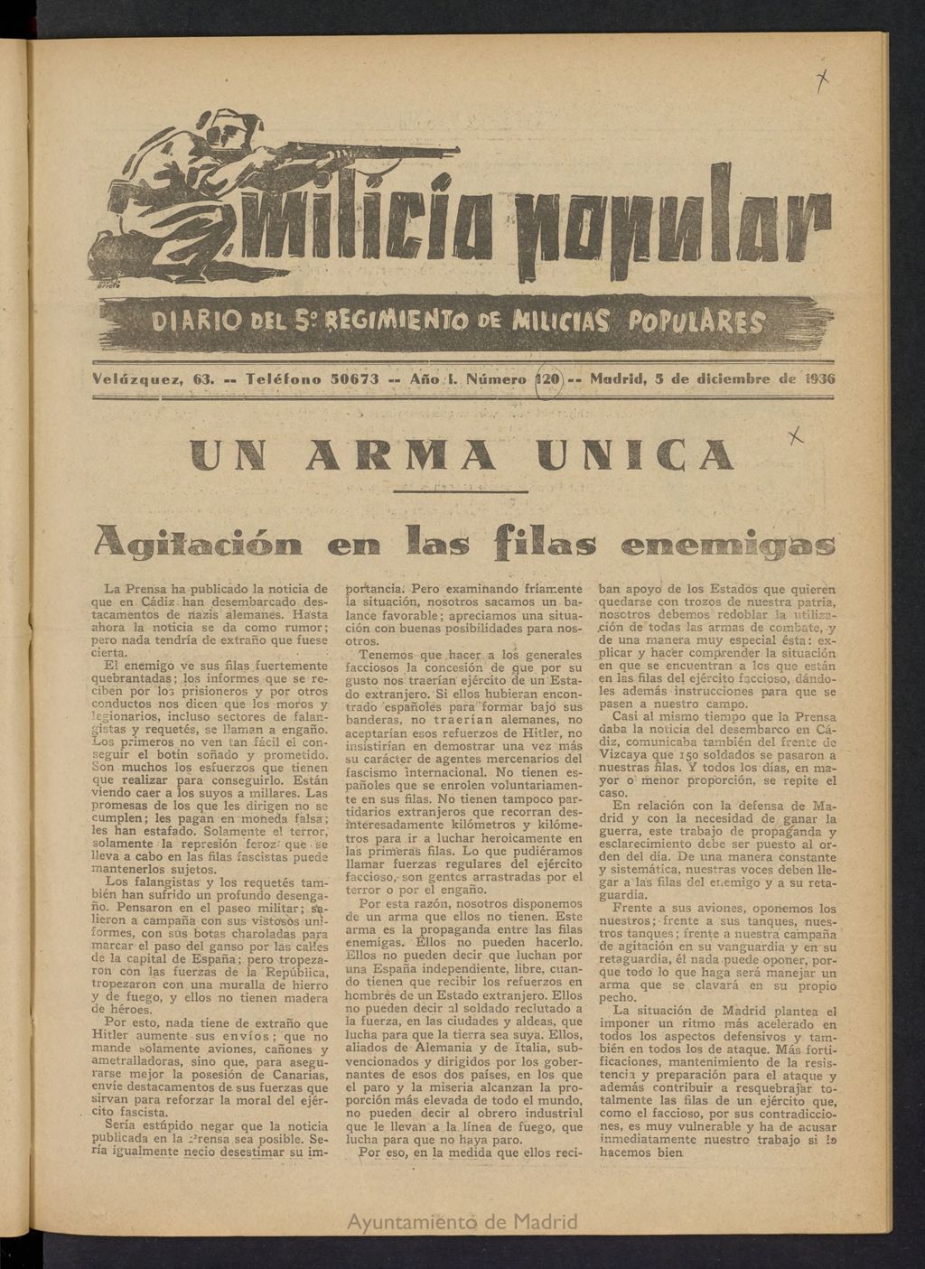 Miniatura de Milicia Popular: diario del 5º Regimiento de Milicias Populares del 5 de diciembre de 1936
