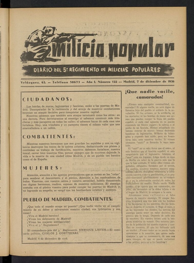 Miniatura de Milicia Popular: diario del 5º Regimiento de Milicias Populares del 7 de diciembre de 1936