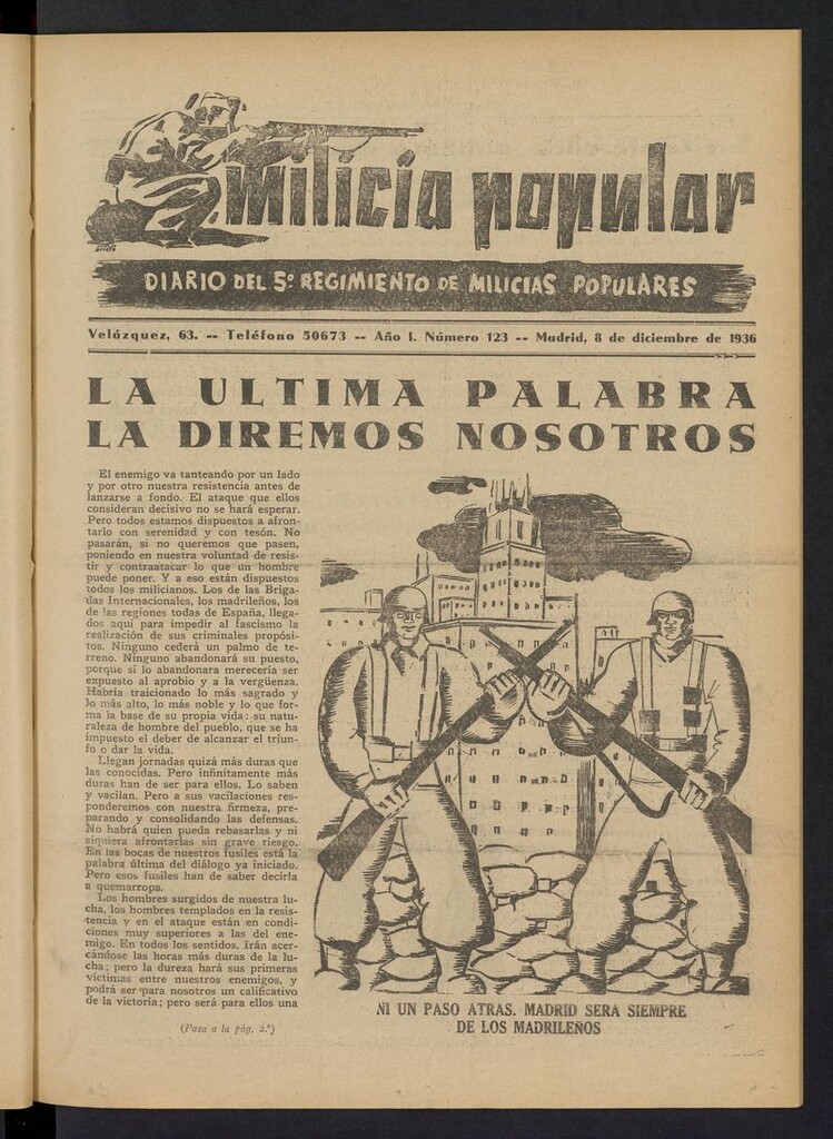 Miniatura de Milicia Popular: diario del 5º Regimiento de Milicias Populares del 8 de diciembre de 1936