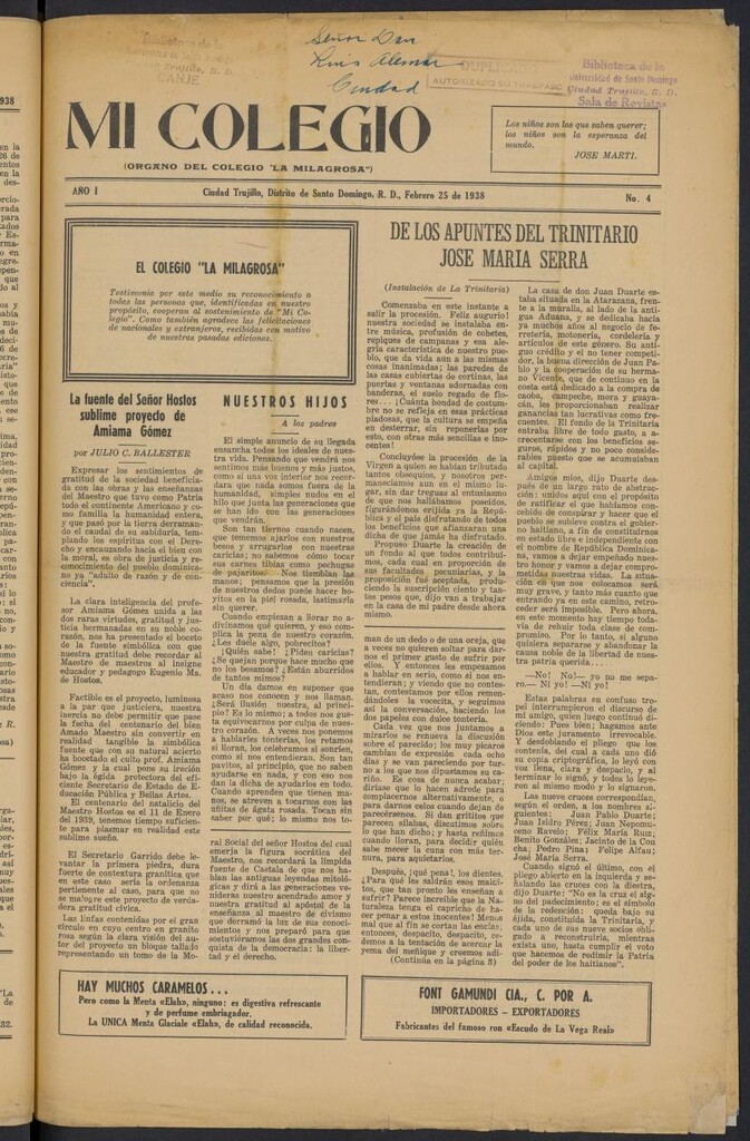 Miniatura de Mi Colegio: órgano del colegio de La Milagrosa del 25 de febrero de 1938