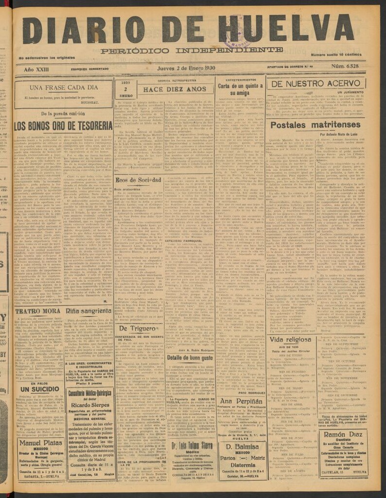 Miniatura de Diario de Huelva : periódico independiente del 2 de enero de 1930