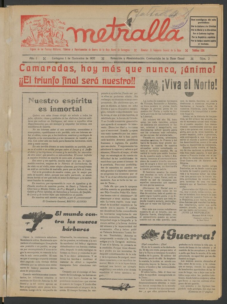 Miniatura de Metralla : órgano de las Fuerzas Militares, Fábricas y Departamentos de Guerra de la Base Naval Principal de Cartagena del 1 de noviembre de 1937