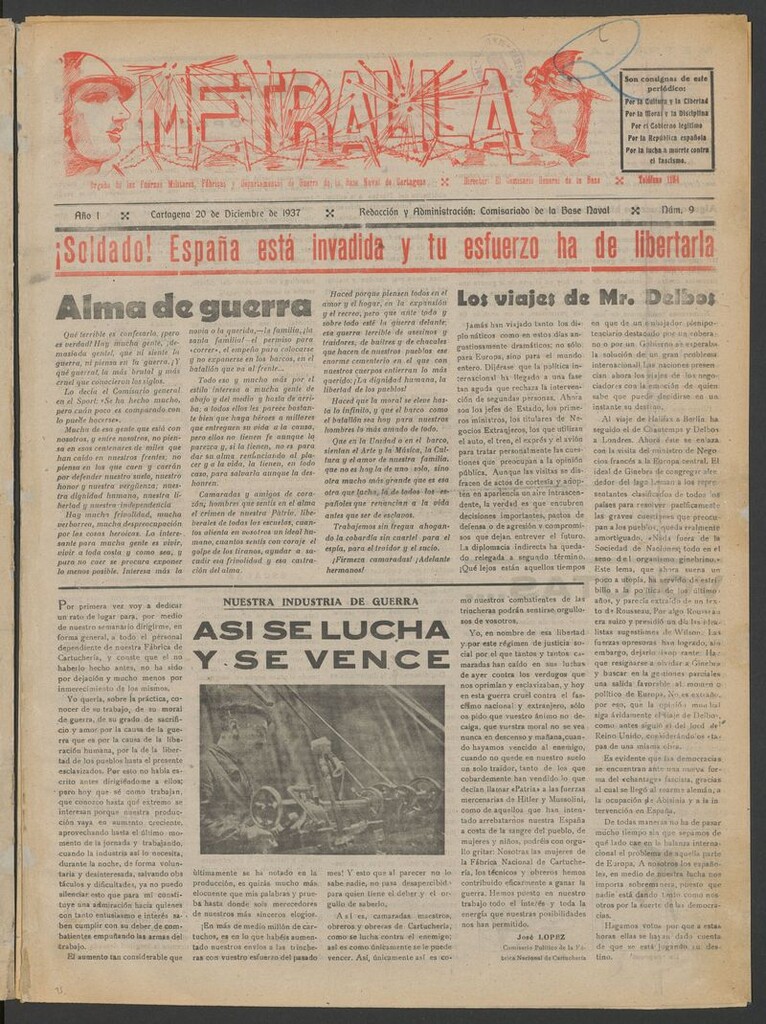 Miniatura de Metralla : órgano de las Fuerzas Militares, Fábricas y Departamentos de Guerra de la Base Naval Principal de Cartagena del 20 de diciembre de 1937