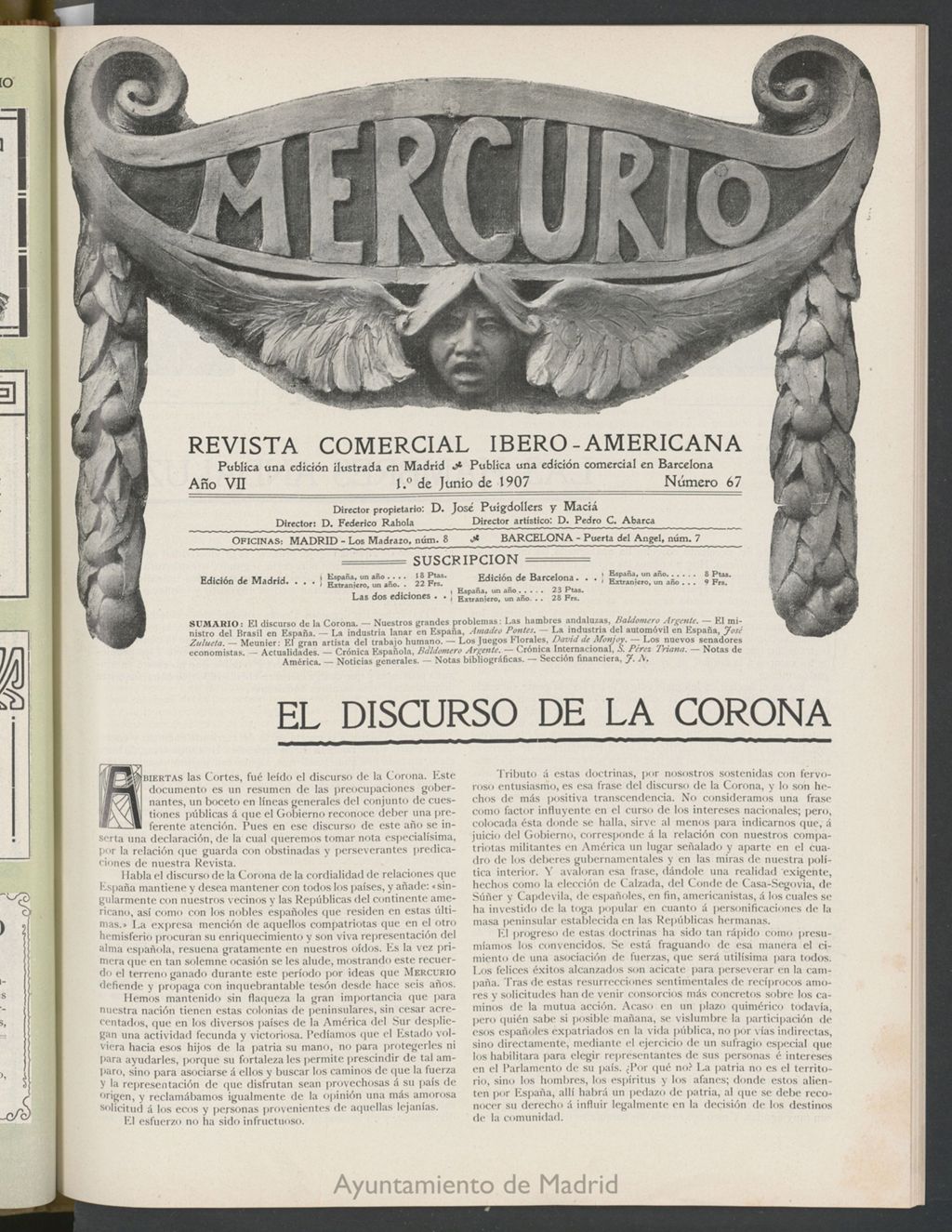 Miniatura de Mercurio : revista comercial hispano americana : publicación mensual de la Casa Comisionista del 1 de junio de 1907