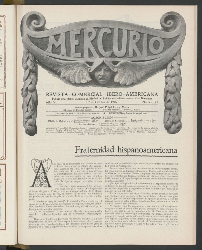 Miniatura de Mercurio : revista comercial hispano americana : publicación mensual de la Casa Comisionista del 1 de octubre de 1907