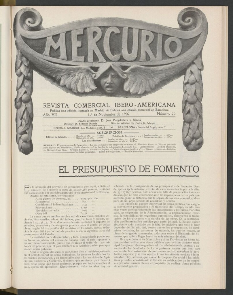 Miniatura de Mercurio : revista comercial hispano americana : publicación mensual de la Casa Comisionista del 1 de noviembre de 1907