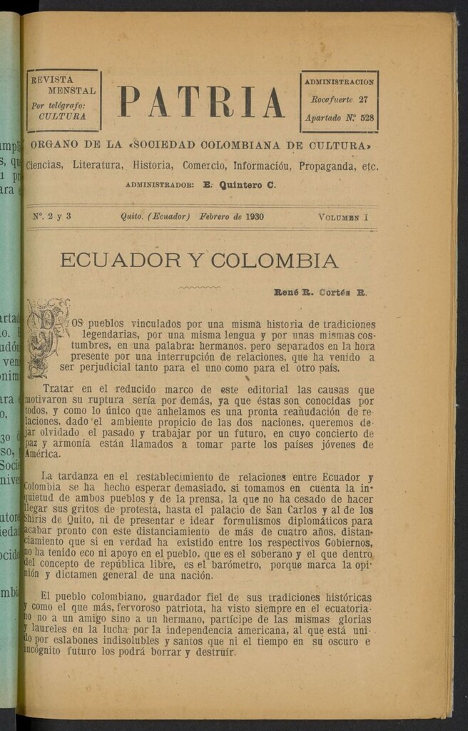Miniatura de Patria: órgano de la sociedad colombiana de cultura de febrero de 1930
