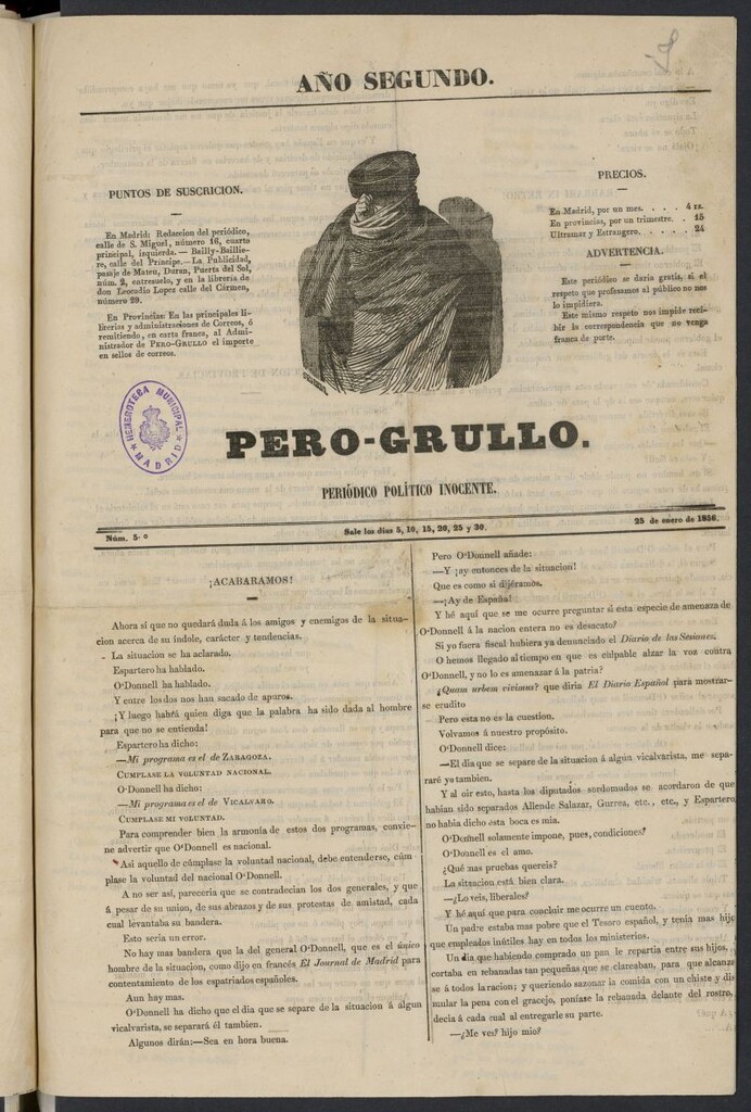 Miniatura de Pero-Grullo: periódico político inocente del 25 de enero de 1856