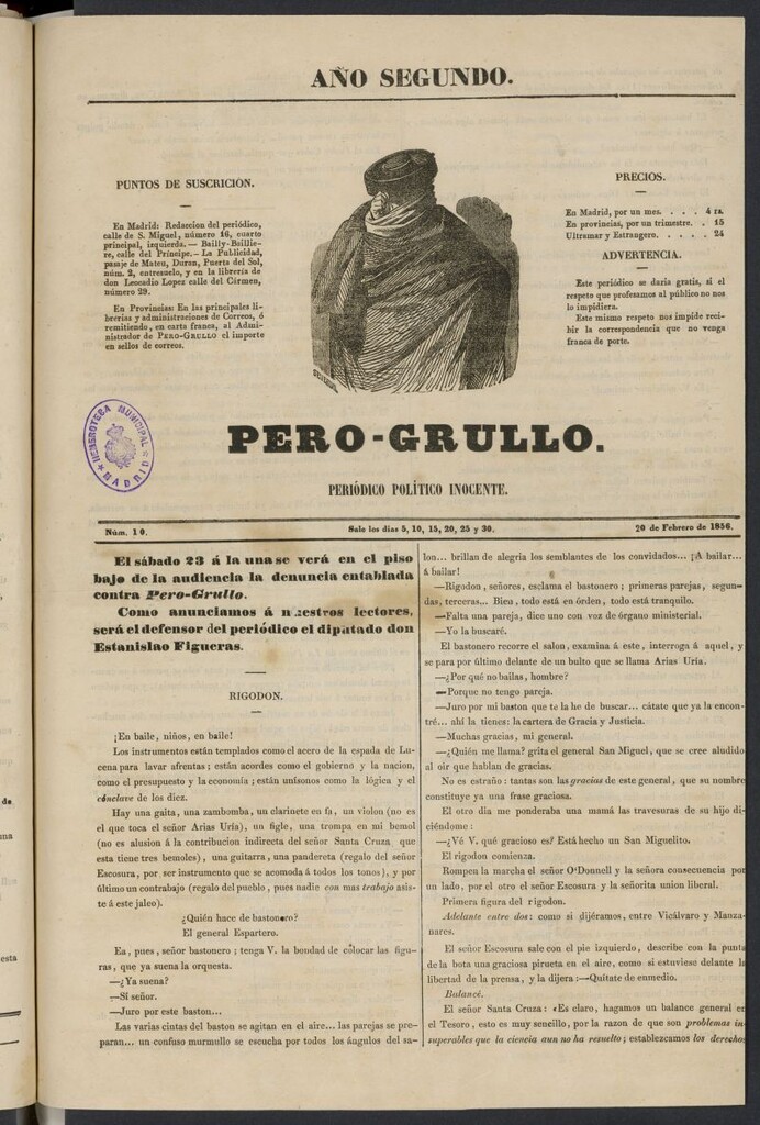 Miniatura de Pero-Grullo: periódico político inocente del 20 de febrero de 1856