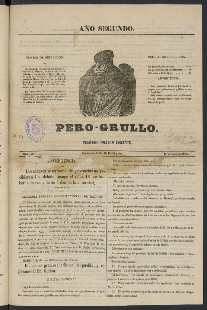 Miniatura de Pero-Grullo: periódico político inocente del 11 de abril de 1856
